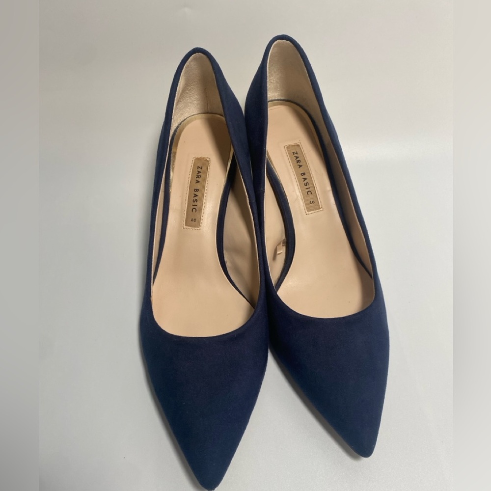 ZARA LAMINATED PUMPS SHOES Block Heel Navy Blue/Gold Heel - Picture 6 of 9